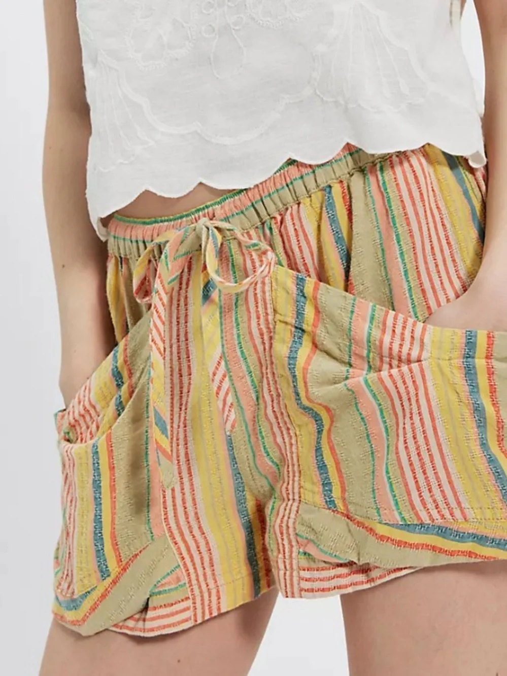 Free People Good Fortune Stripe Shorts Drawstring Wrap Pocket Boho Size XS